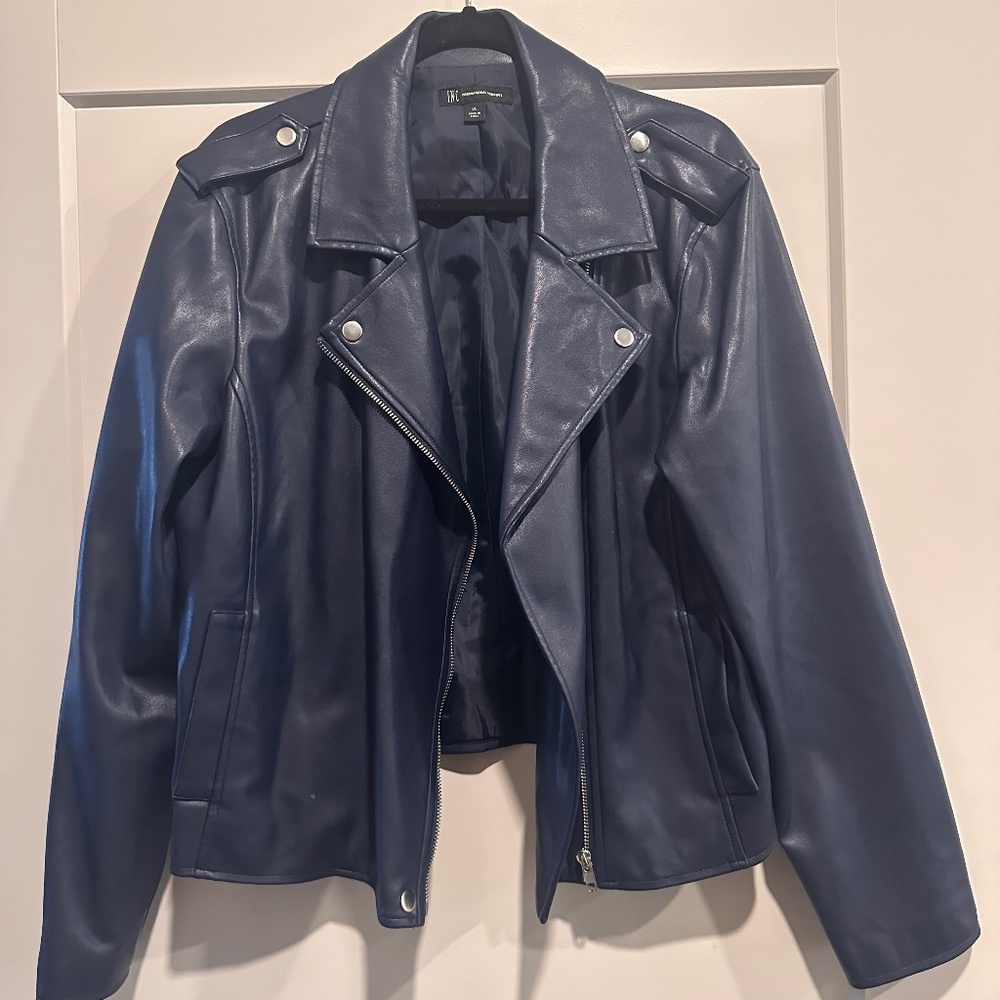 INC Women’s Navy Blue Faux-Leather Jacket